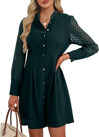 Happy Sailed Formal Dresses for Women Fall Wedding Guest Lace Long Sleeve Button Slim A Line Mini Dress