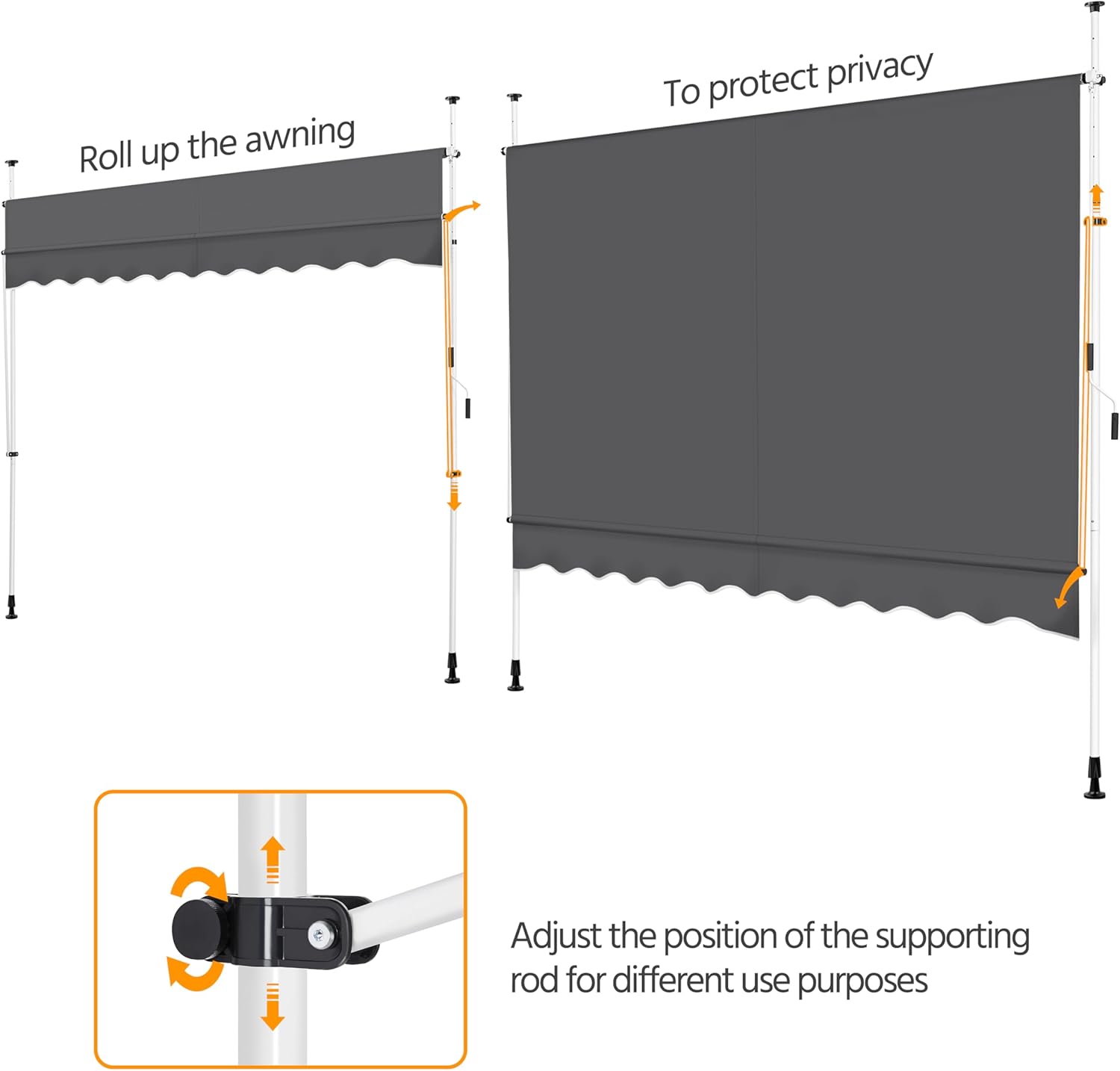 Yaheetech Manual Retractable Awning, 118"×118" Outdoor Sunshade Shelter Angle & Height Adjustable NO Drilling Patio Door Window Awnings, Canopy with UV Protection for Backyard, Dark Gray