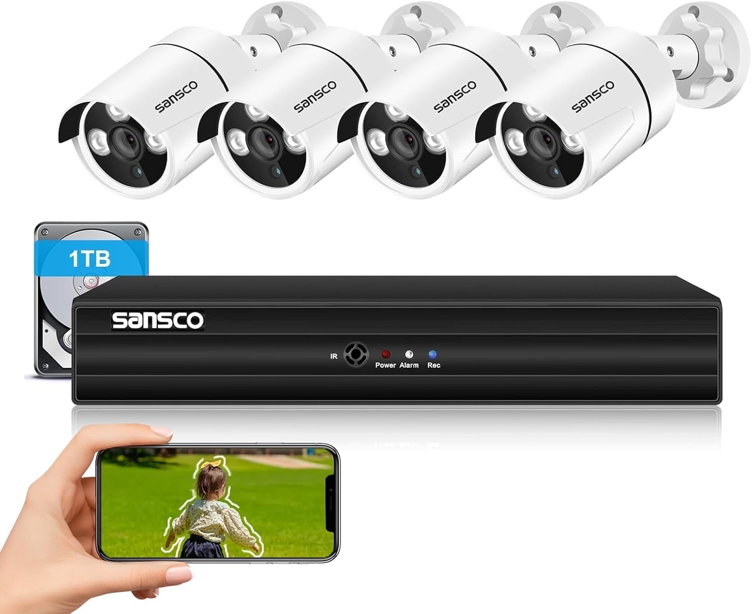 – SANSCO 5MP 8 Channel Wired CCTV Security Camera System, 8CH DVR with 1TB Hard Drive, 4x 3K Home Outdoor Surveillance Cameras, Color Night Vision, Audio Recording, Human Face Vehicle Detection, P2P
