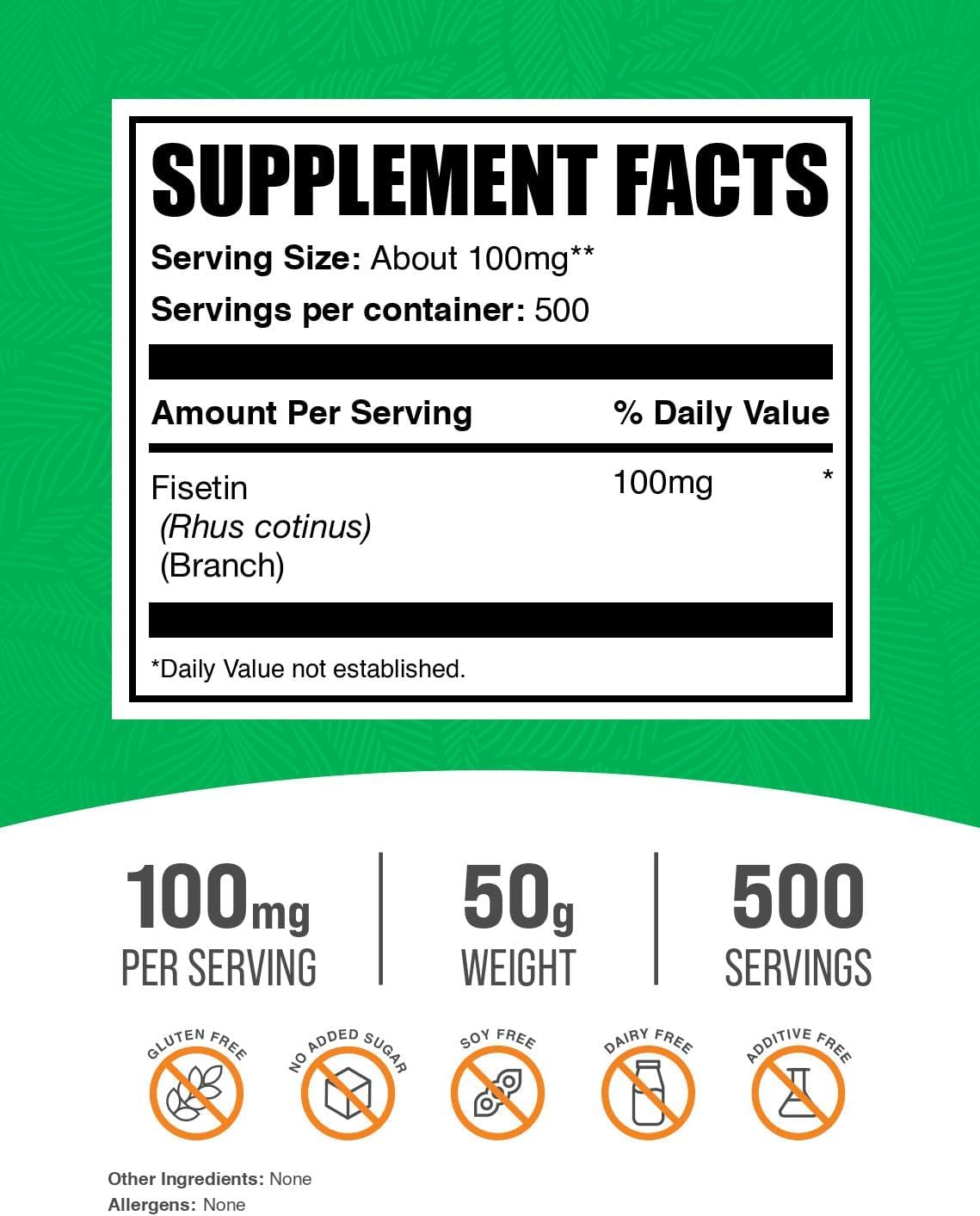 BulkSupplements.com Fisetin Powder - Nutritional Supplement, Fisetin 100mg, Antioxidants Source - Pure & Gluten Free, 100mg per Serving, 50g (1.8 oz) (Pack of 1)