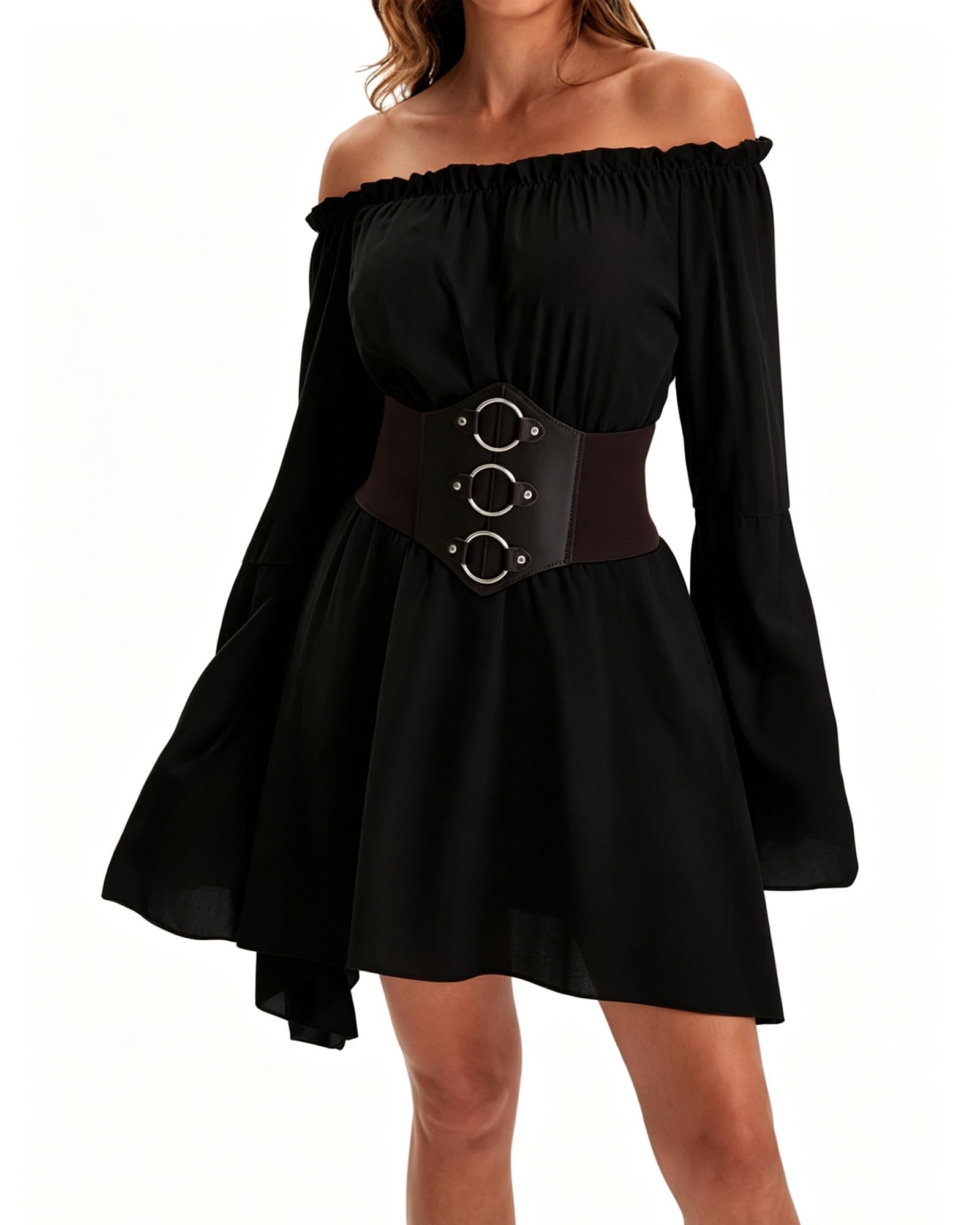 Lshyuehao Women Medival Off Shoulder Corset Dress Renaissance Long Sleeve Flowy Mini Dress Halloween Cosplay Fancy Dress (B-Black, L)