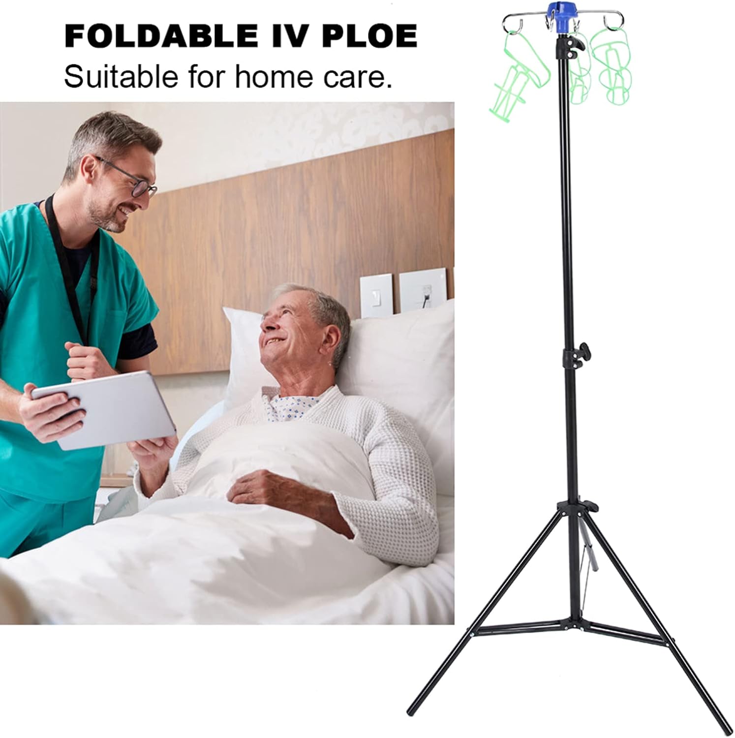 IV Pole, Portable Aluminum Alloy Collapsible IV Pole Stand, Drip Bag