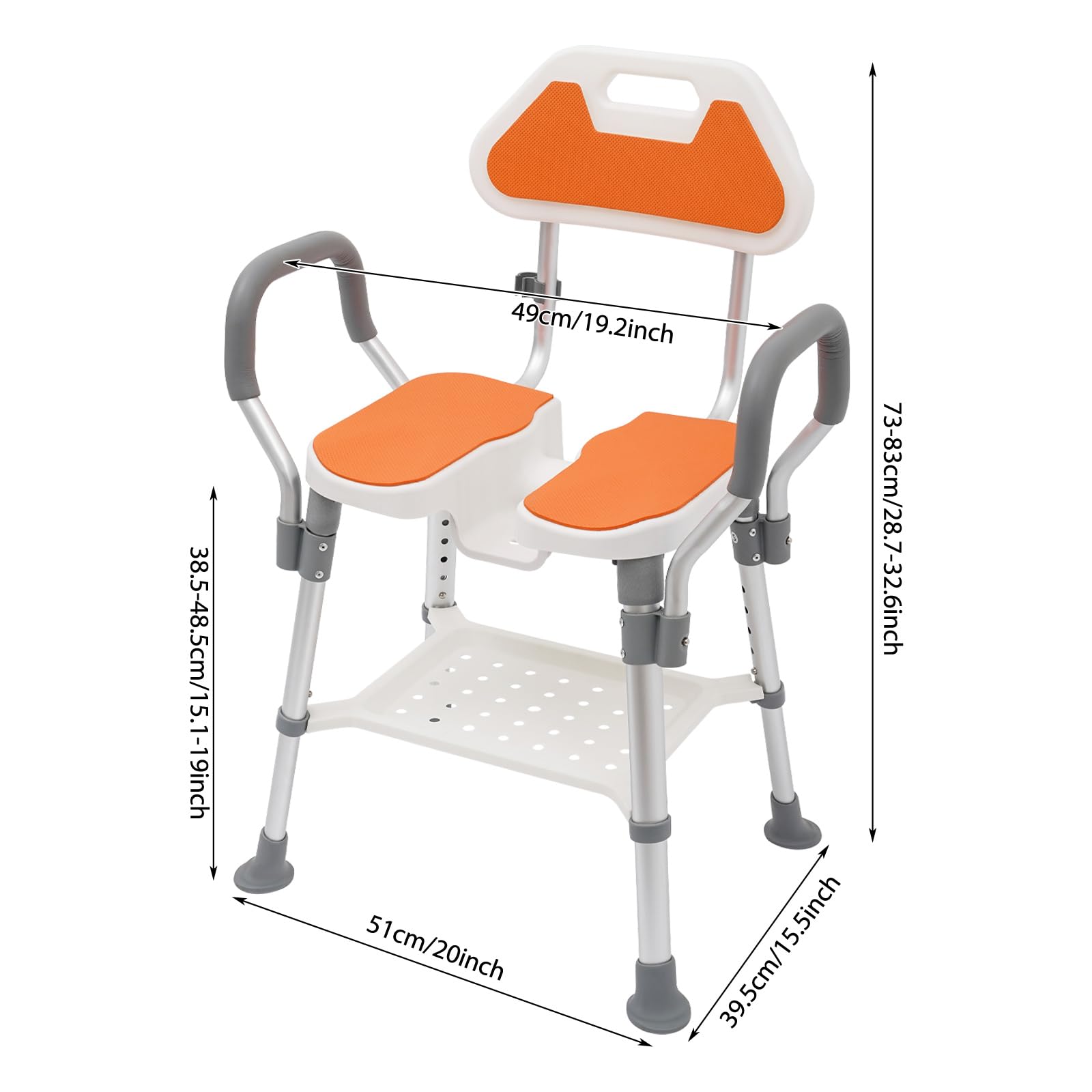 Silla de ducha para personas mayores con respaldo y cuello en U, taburete de ducha regulable en altura con reposabrazos, soporta hasta 150 kg, silla de ducha estable para embarazadas