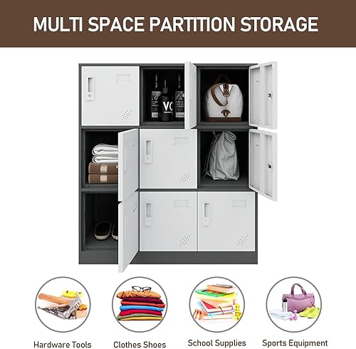Miniatura 6 de Armario de almacenamiento de metal de 9 puertas para oficina, hogar, gimnasio, escuela, gabinete de acero para almacenamiento de archivos, juguetes,
