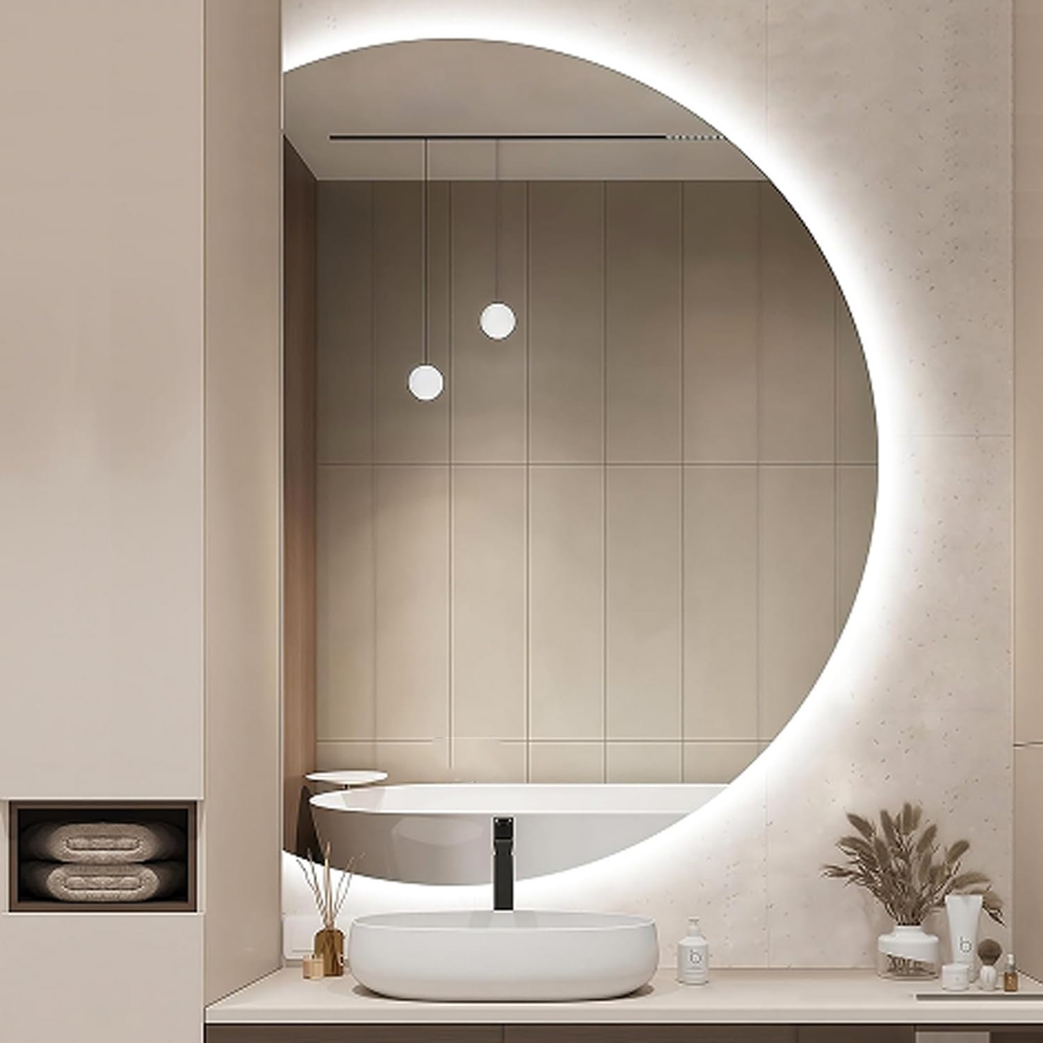Demi-Circle Anti-Fog HD Lustro łazienkowe z przyciemnianym światłem LED 3 tryby kolorów, bezramowa konstrukcja, idealne do salonu, baru, wejścia, 110 cm