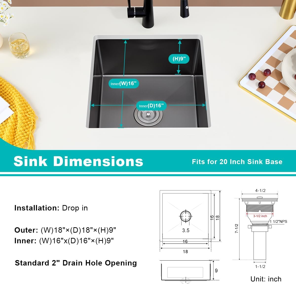 Black 18 inch Undermount Kitchen Sink - TSIBOMU 18 Gauge Stainless Steel 9" Deep Single Bowl Basin Undermount Kitchen Bar Sink, D18"xW18"xH9"