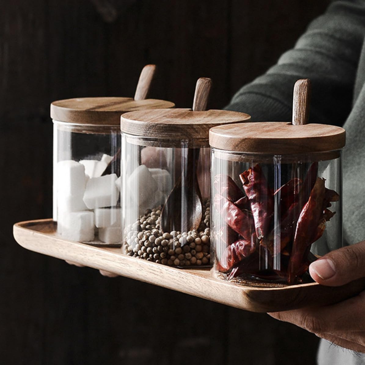 CANIGHT 1 Satz Gewürzbehälter aus Glas mit Holzdeckel Löffel und Tablett Durchsichtiges Aufbewahrungsgefäß für Küche Praktischer Gewürzaufbewahrungstopf für Hausgebrauch
