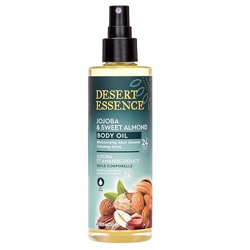 Desert Essence, Aceite corporal de jojoba y almendra dulce, 8.28 onzas líquidas, sin gluten, vegano, libre de crueldad, humedad 24 horas, alivia la
