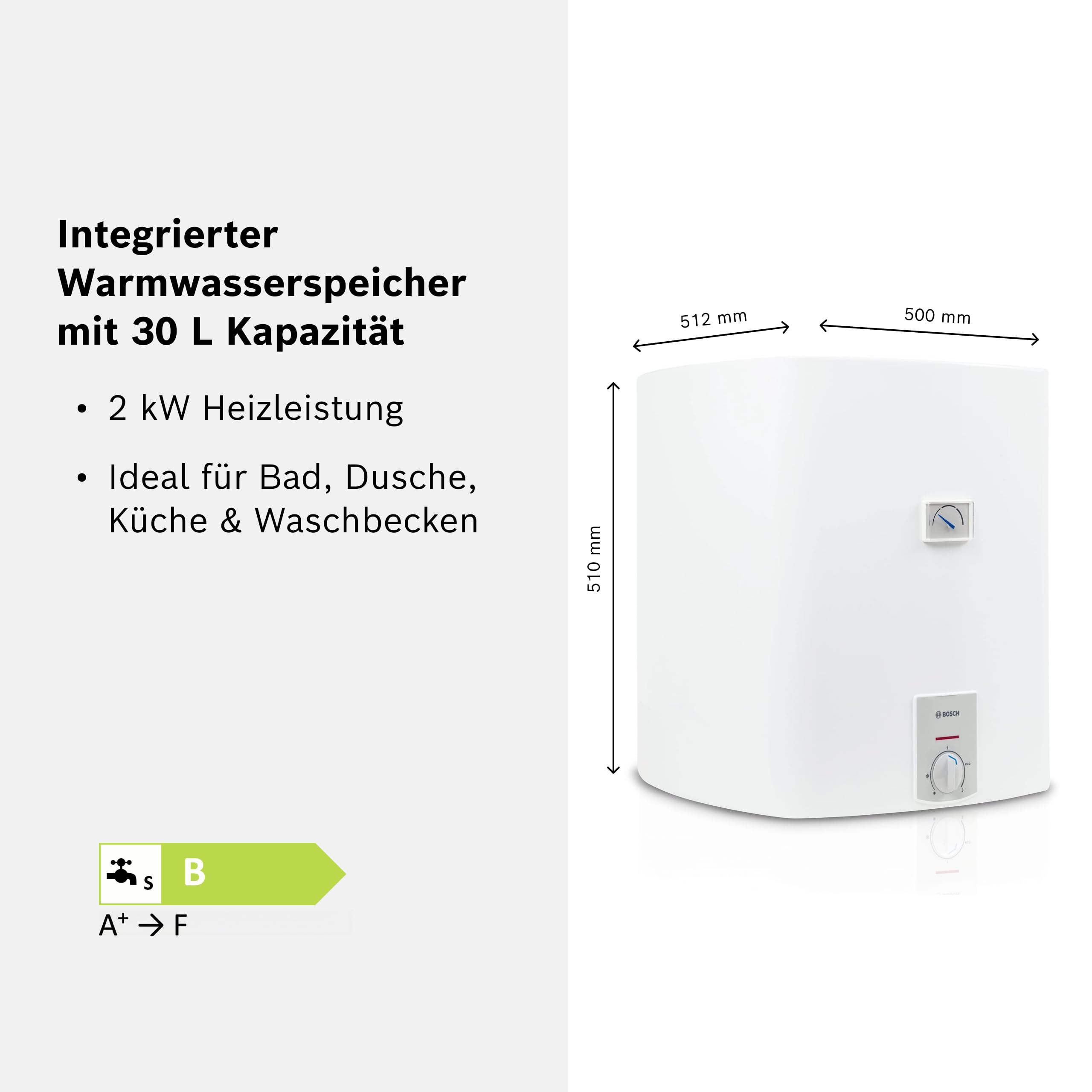 Bosch Elektrischer Wandspeicher Tronic Plus Store - Warmwasserspeicher druckfest mit geringem Bereitschaftsenergieverbrauch, 30 Liter [Energieklasse B]