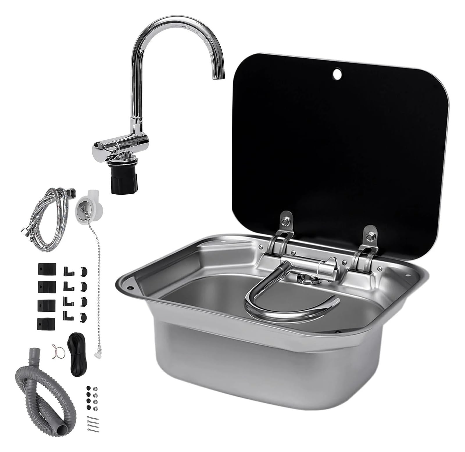 CSDASW RV 304 Stainless Steel Recessed Wash Basin Sink With Lid With Folding Faucet For RV Caravan Boat Camper Bar for Campervan(With straight drain)