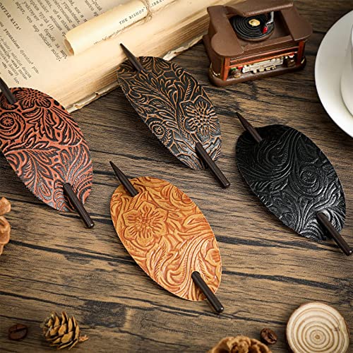 Leather Hair Clip With Stick Faux Leather Hair Barrette Hair Tie Leather And Stick Hair Slide Oval Shape Hair Pins Ponytail Holders Hair Accessories For Women Girls (Vintage Style,5) #TOP3