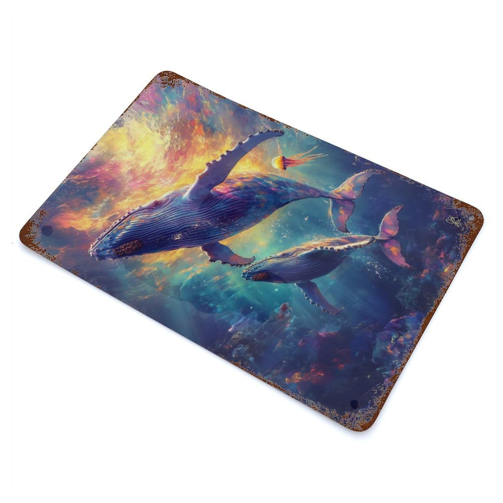 Retro Metal Sign with Humpback Whale Pair Design 11.8"x7.9", for Living Room, Hallway And Home Decor, Vintage Wall Decor