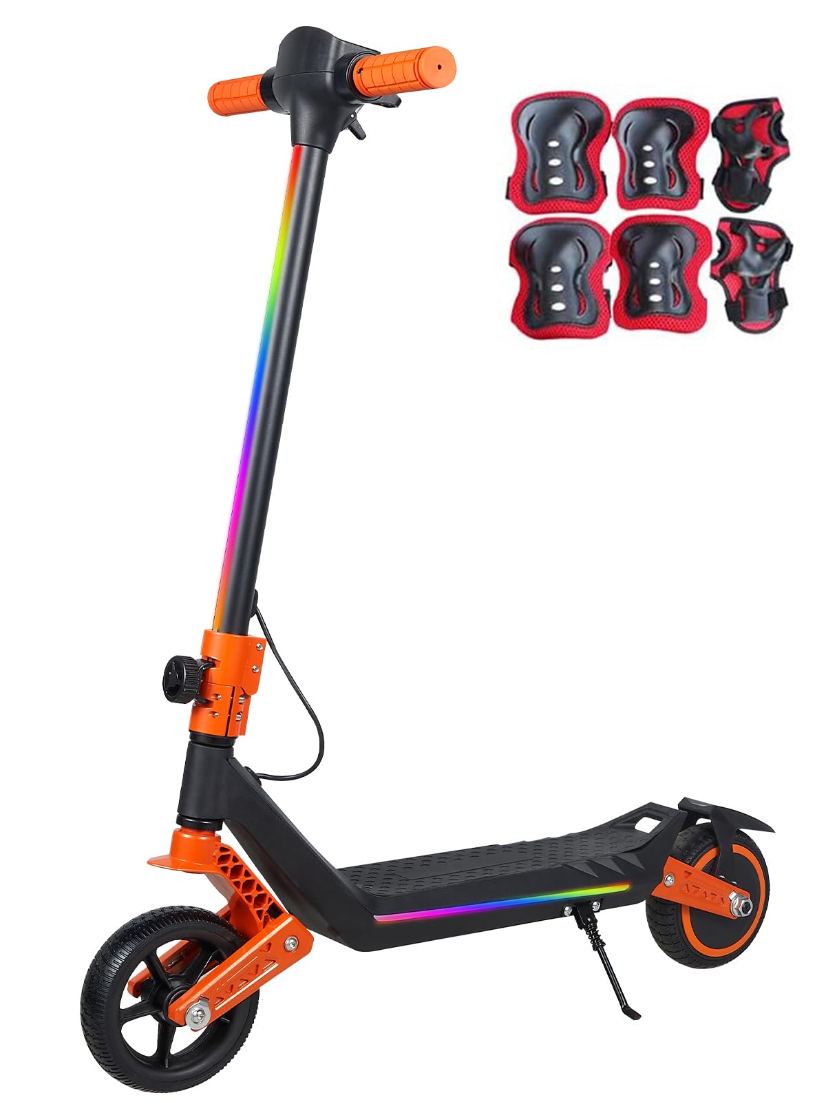 Patinete eléctrico para niños, Patinete eléctrico de Doble suspensión con Luces de Arco Iris de Colores e indicador LED, Alcance de 12 km, Regalos para niños y niñas a Partir de 6 años