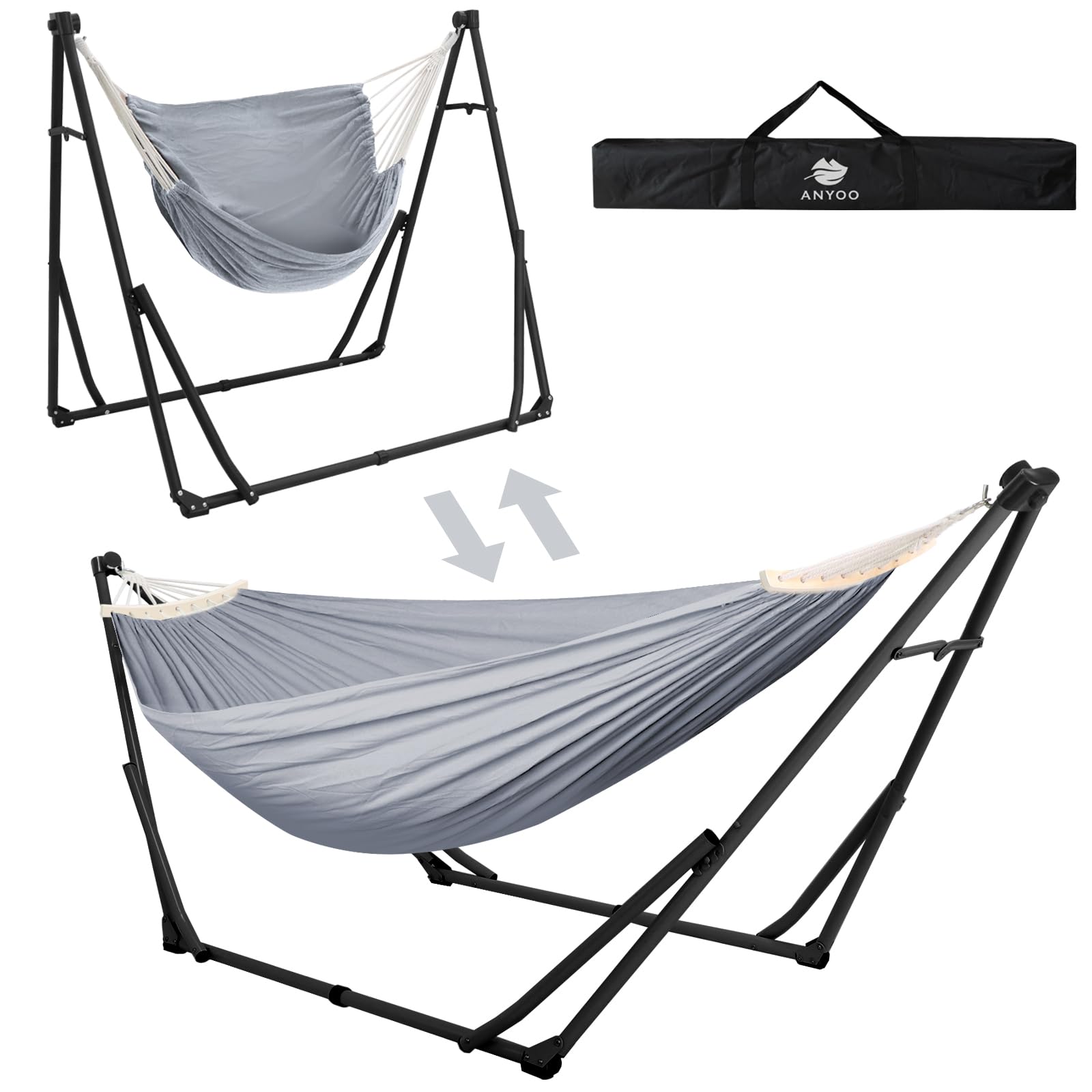 Anyoo 2 in 1 Hammock and Swinging Chair with Collapsible Steel Stand & Carrying Case,Portable & Adjustable,Easy Set Up for Outdoor,Indoor,Patio,Garden,Camping Trip