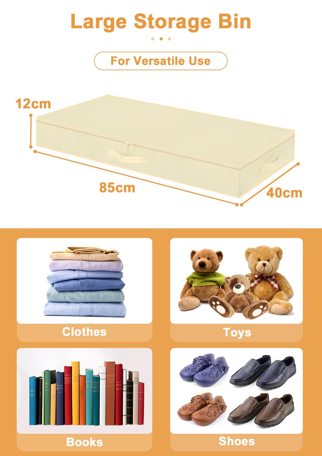 Unterbett-Aufbewahrungsbox mit Deckel, 2 Stück, 12 cm hoch, niedrig, beige, Unterbett-Aufbewahrungsboxen mit Bodenstütze, faltbare flache Unterbett-Aufbewahrungstasche mit Reißverschluss für