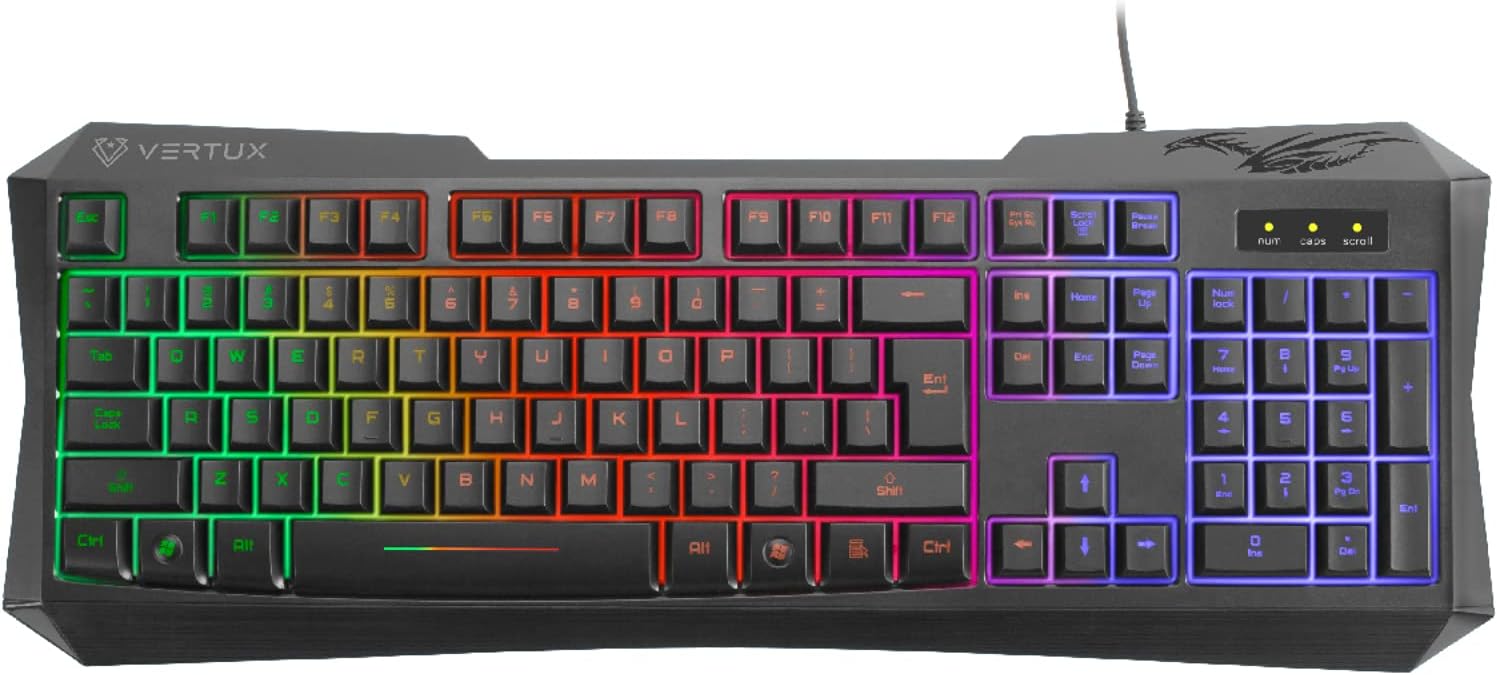 Vertux Radiance, ergonomik, arkadan aydınlatmalı, kablolu oyun klavyesi, 6 tuşlu, gölgeleme önleyici, 10 milyon tuş vuruşu ve hızlı tepki veren dokunmatik tuş