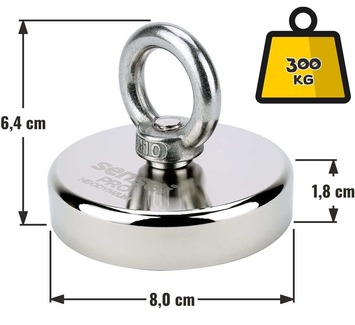 SENSEI® Magnete al Neodimio Potente – 300 kg di Forza, Ø 80 mm – Super Forte Calamita con Dado ad Occhiello da Pesca Magnetica, Uso Industriale, Casa, Officina e Sollevamento