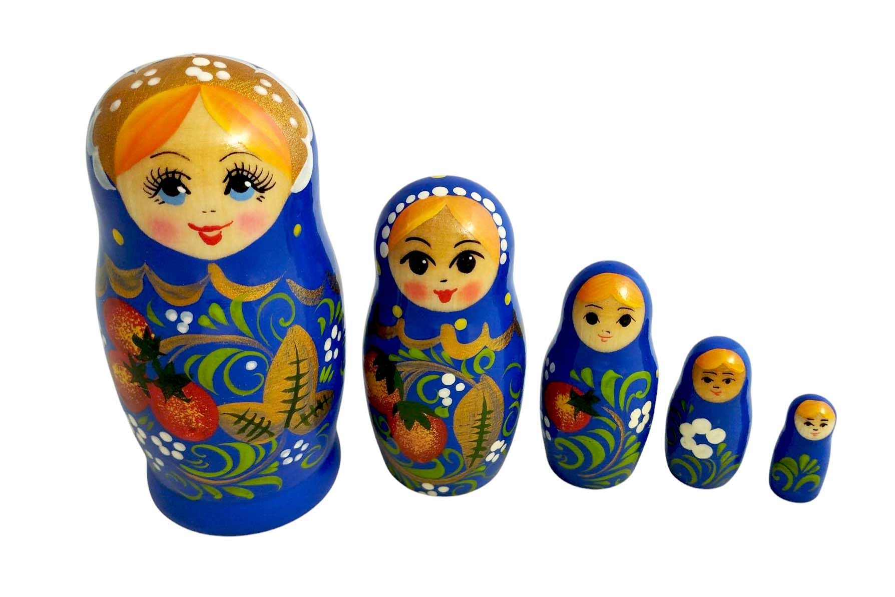 Hohlama Rossiyanochka Matryoshka Matryoshka Babushka 11 cm de altura – 5 muñecas de madera – Varios diseños – Muñeca de madera Матрёшка хохлама Matrushka chohlama (azul)