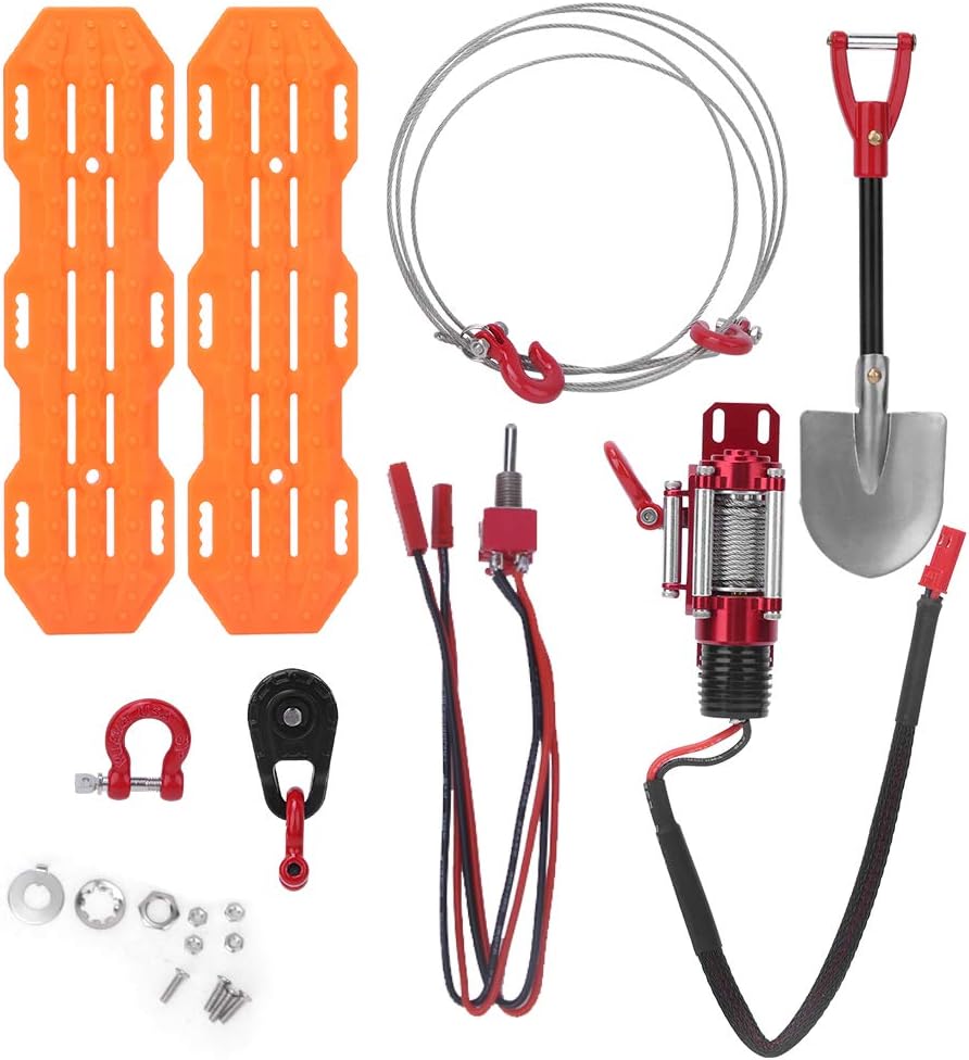 6pcs RC Car Decorative Tools Set, Metal Barricades Capstan Roller Steel Rope Lock Shovel for Hsp Axial SCX10 D90 HPI RC Vehicle Model Accessories
