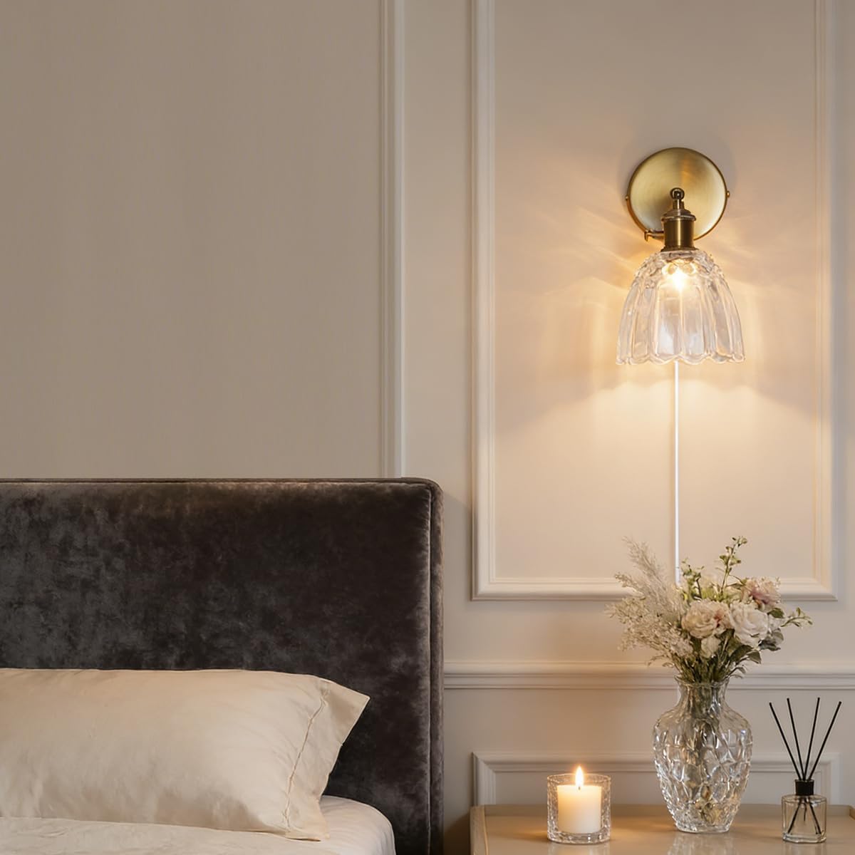 Sedelan Plug in Wall Sconces, Victorian Wall Sconce, Vintage Wall Lights for Bedroom Dimmable, Mid Century Plug in Sconces Indoor, Bathroom Glass Vanity Light, 3-in-1 Wall & Ceiling Light