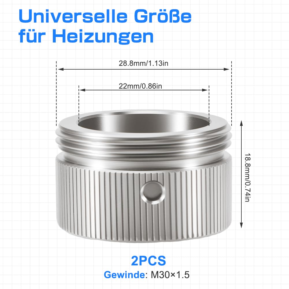 Adapter termostatu grzejnika do zaworów RA ze stali nierdzewnej (2 sztuki) - w zestawie śruby i klucz imbusowy - kompatybilny z Danfoss RA (20-23 mm) na M30 x 1,5 do głowic termostatu