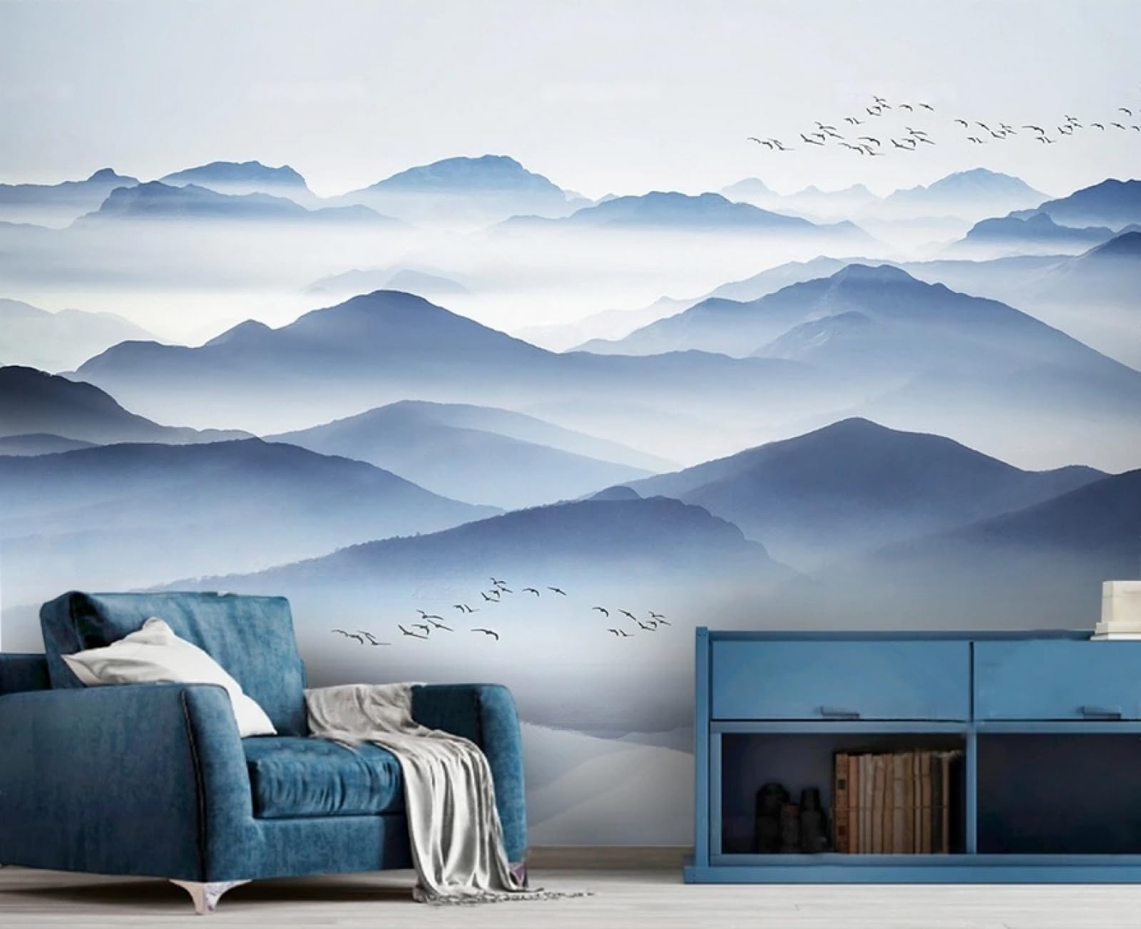 Carta da Parati Panoramica Intissato Montagne Blu,Zen,Paesaggio Naturale Wallpaper per Camera da Letto, Soggiorno 350x250cm