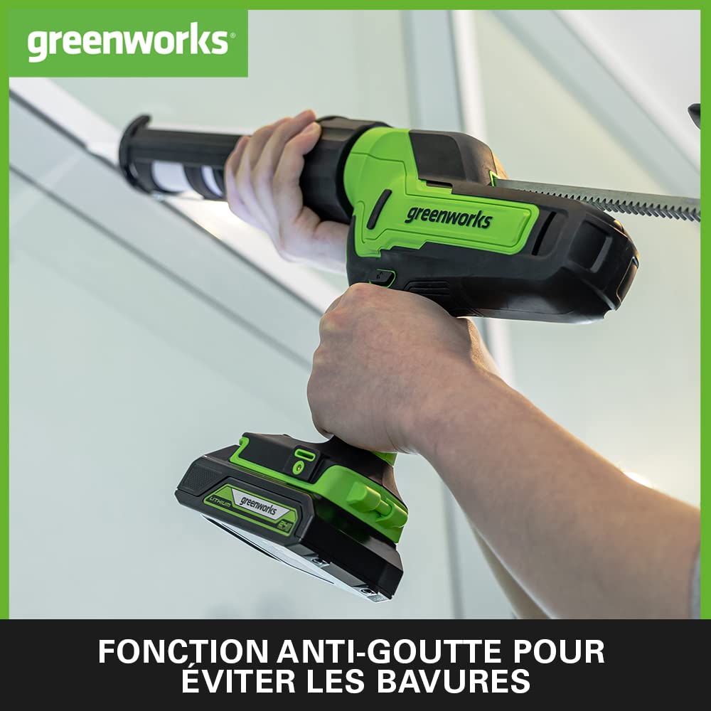 Greenworks G24CG Pistolet à Cartouche Électrique, Force 2900N, 6 Vitesses, Anti-Goutte, Pistolet à Silicone, SANS Batterie 24V Ni Chargeur, Garantie 3 Ans