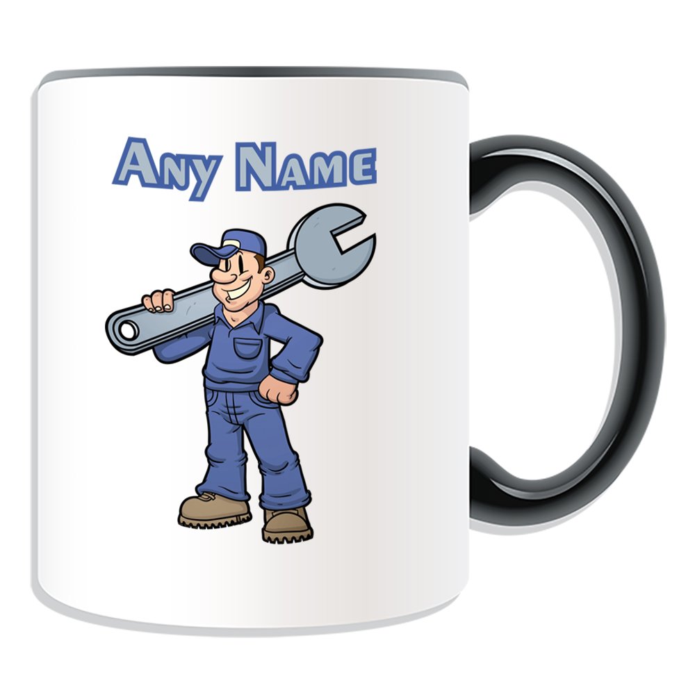Unigift Black Personalised Gift - Mechanic With Big Wrench Mug (Career Design Theme, Colour Options) - Any Name/Message On Your Unique Mug - Engineer Garage Worker Staff Vehicle Car