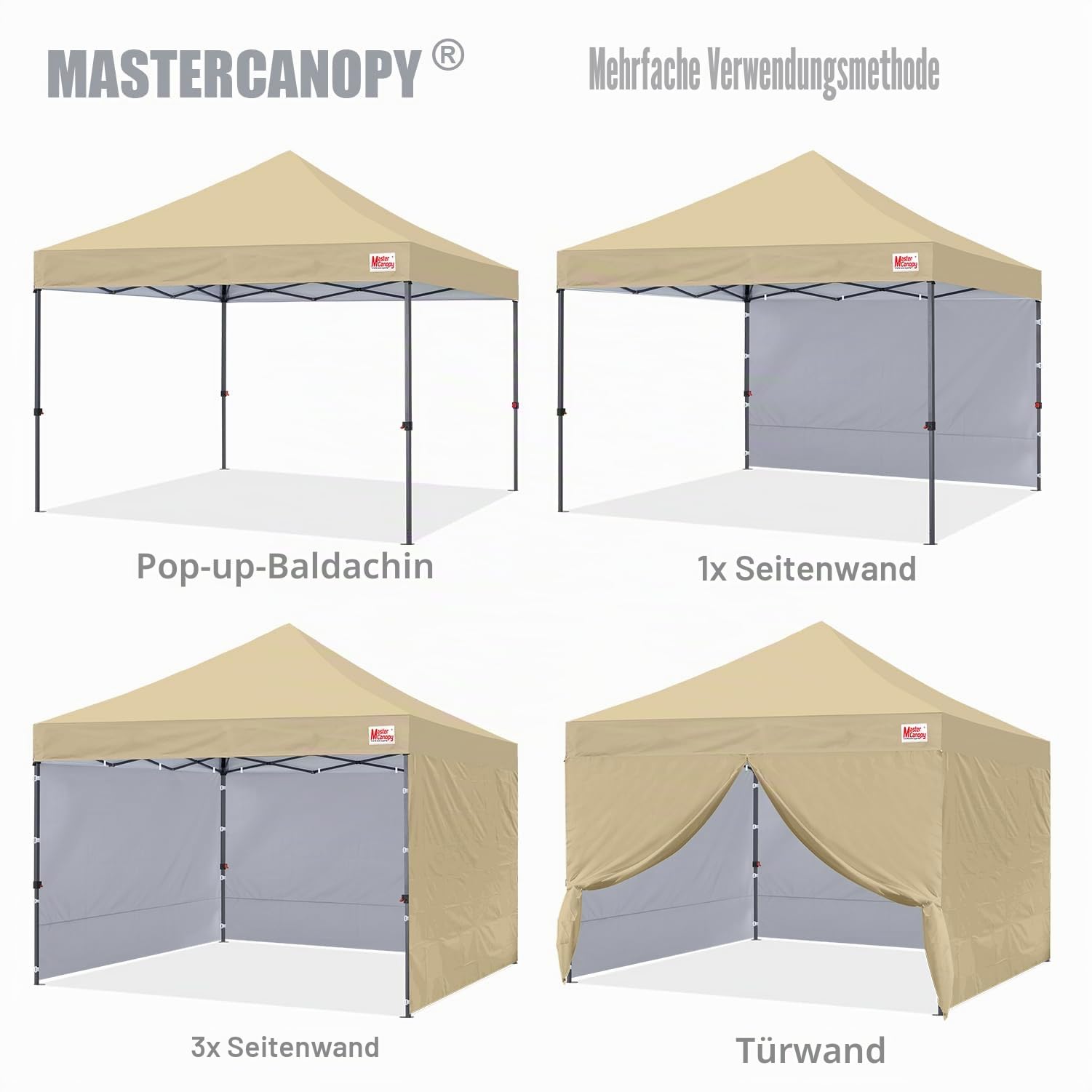 MASTERCANOPY Pop-up-Pavillon mit 4 Seitenwänden 2,5x2,5 Schnellaufbau, 3-Fach höhenverstellbar, UPF50+, wasserabweisend, inkl. Rolltasche + 4 Sandsäcke, für Camping, Events, Garten, Beige