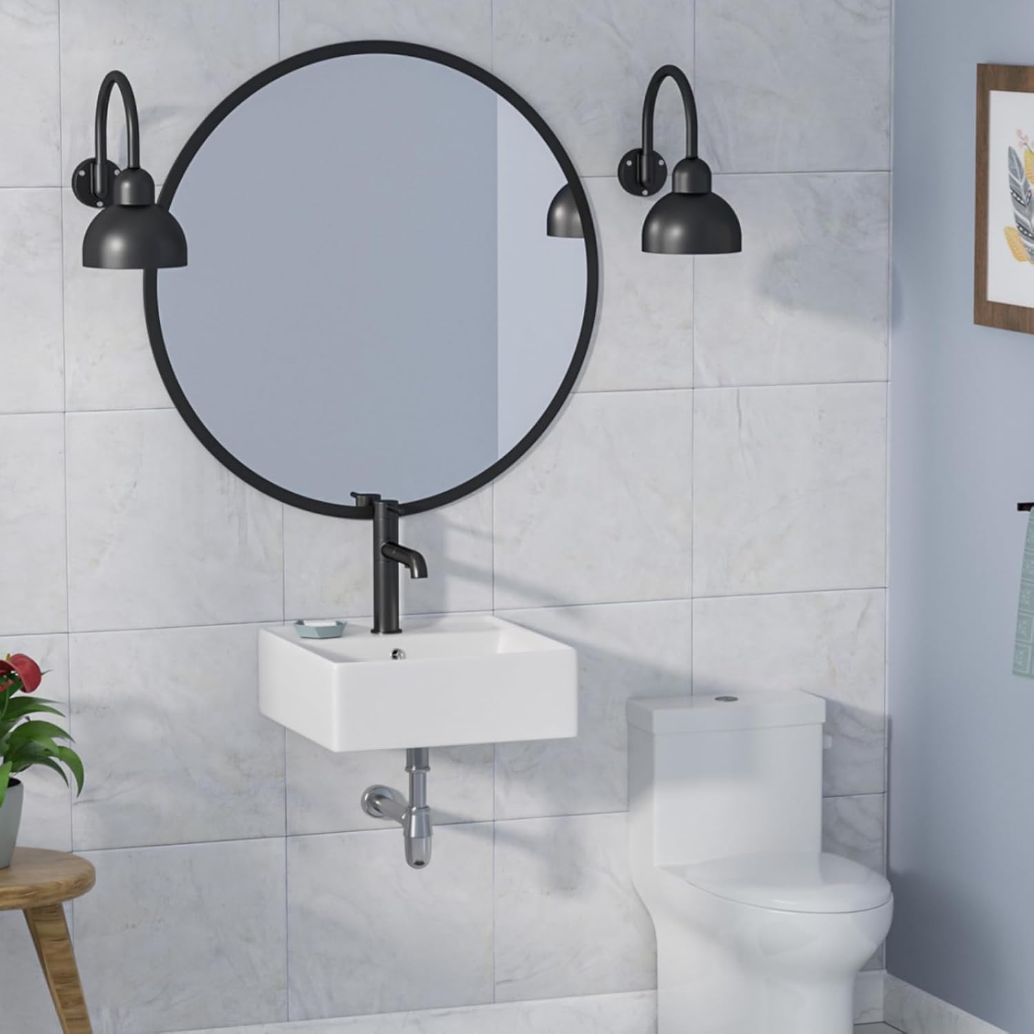 Wall Mounted Vessel Sink 18"x18" Ceramic Floating Bathroom Sink Modern Porcelain Floating Wash Hand Basin Vanity Sink