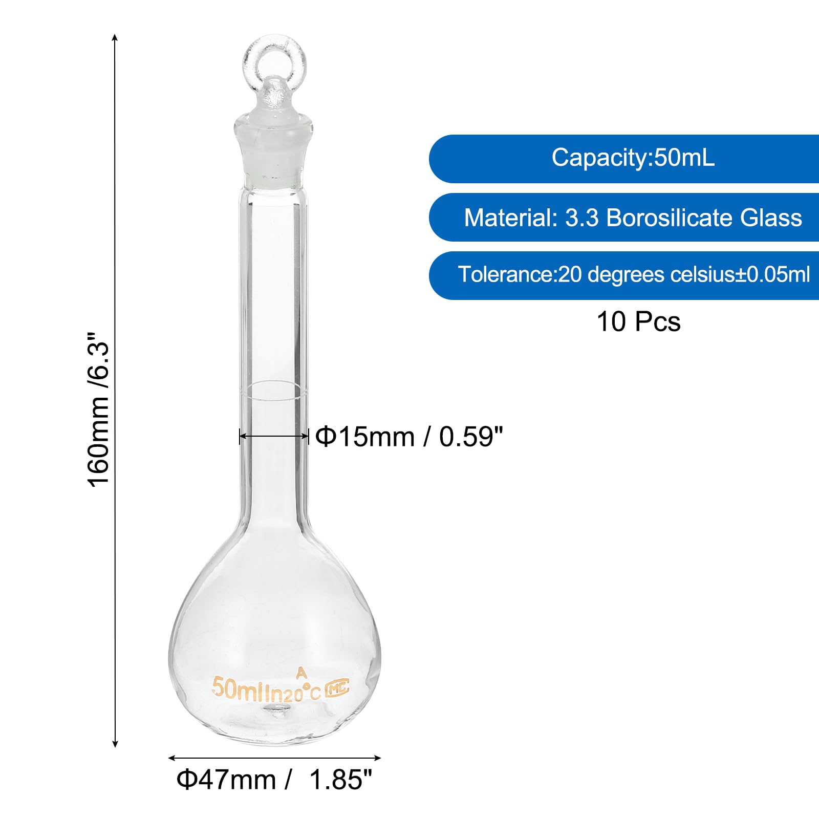 PATIKIL Fiole Jaugée de 50 ml, Lot de 10 Fioles Jaugées Graduées en Verre Borosilicate 3.3 avec Bouchon en Verre, Tolérance de 0.12 ml pour les Expériences en Laboratoire, Transparente