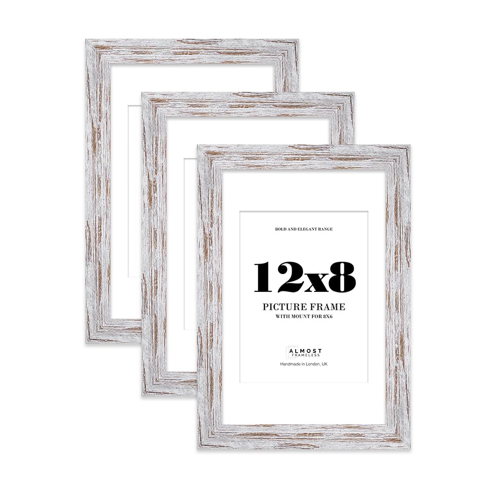 12x8 Distressed Wood Frame With Mount for 8x6 Pictures 28mm Edge Portrait and Landscape Display with Wall Hooks and Kickstand, 3 Pack