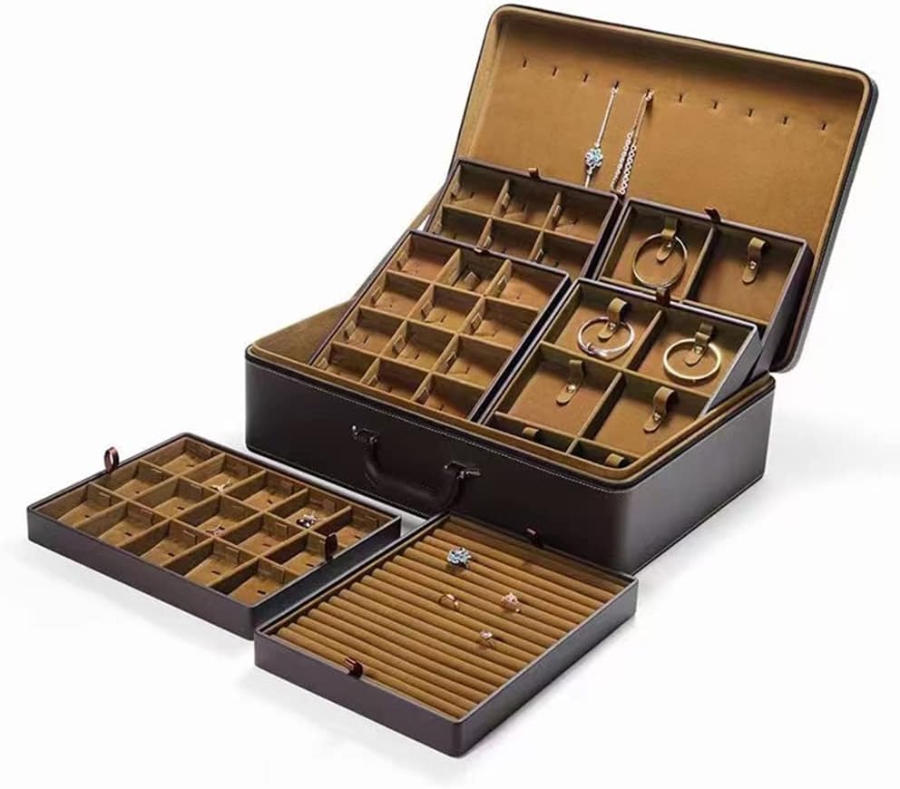 Jewelry Trays stacks Carriable with Handle Zipper Box Organizer Faux-Leather Accessory Case Storage(L6 Layers)