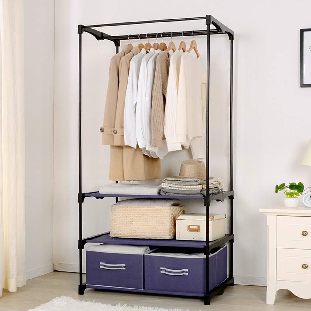 Foldable Closets Simple Wardrobe Fabric Storage Cabinet Single-Layer Canvas Wardrobe with 2 Storage Drawers 7850175CM—Brown and Purple (Purple)