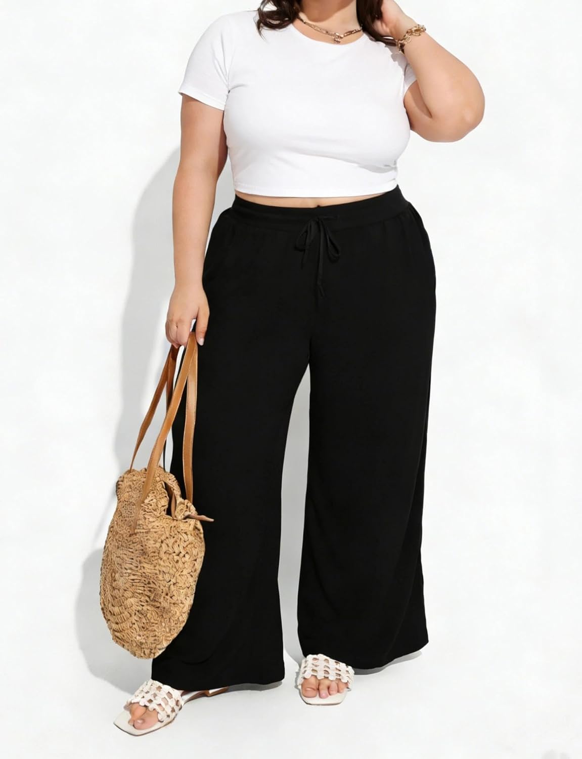 TIYOMI Plus Size Wide Leg Pants for Women Elastic Drawstring Pants High Waisted Lounge Pants XL-5XL - Image 3