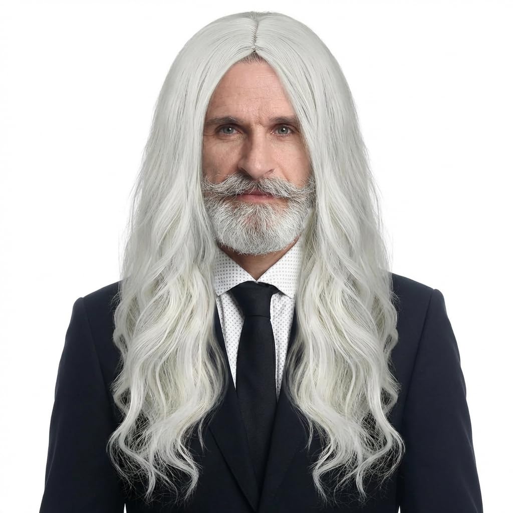 Mens Gray Wig Long Male Sliver Gray Wig Middle Part Old Man 80s Shoulder Length Grey Men Hair Heat Resistant Synthetic for Halloween Cosplay Costume Party