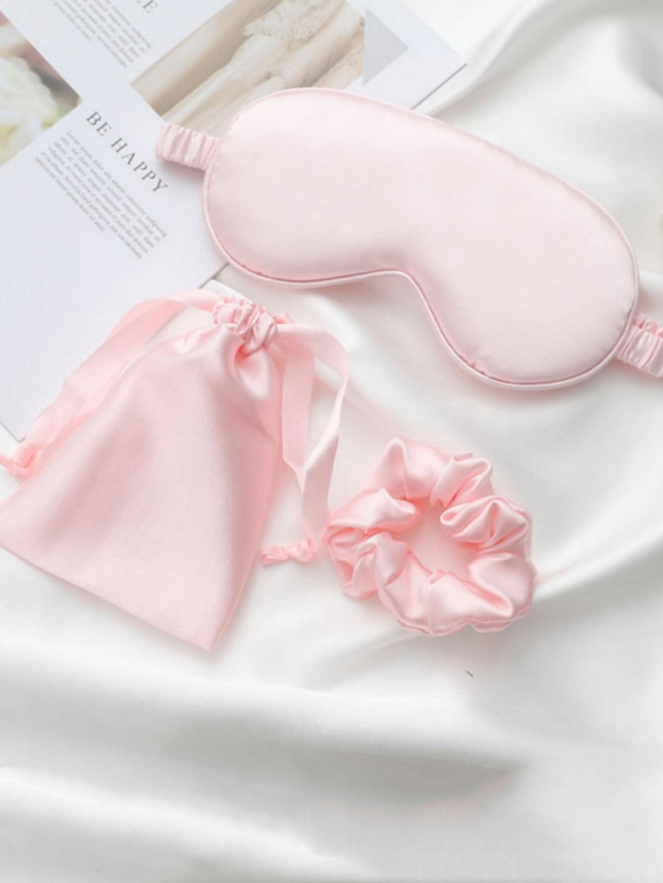 Luxurious Satin Eye Masks for sleeping with Pouch and Scrunchie - A complete Night Companion, Travel Essential (Pink)