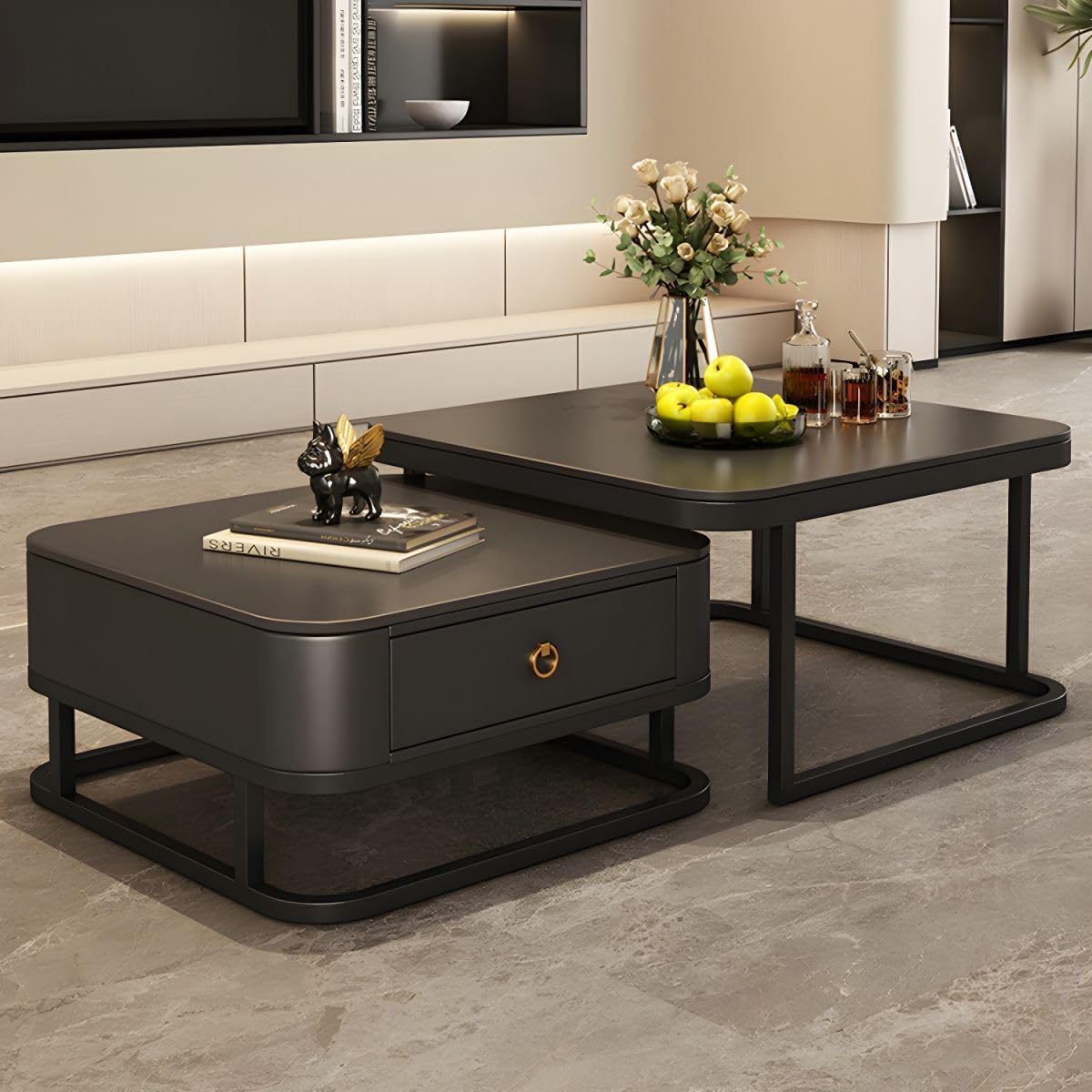 ECONODECOR Modern Square End Tables Marble Finish Set of 2 Coffee Table Stacking Sofa Center Table with Drawer and Black Metal Frame for Living Room (Black & Black) (B0D4VS9WM9) Amazon Price History, Amazon Price Tracker