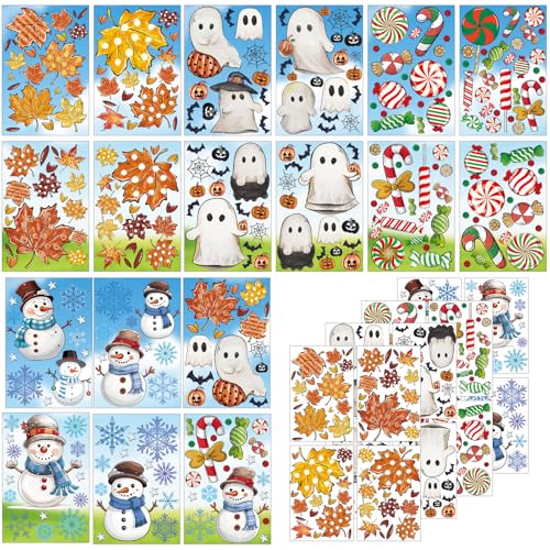 JarThenaAMCS 207Pcs Fall Halloween Christmas Winter Window Clings Maple Leaves Ghost Candy Snowman Double-Sided Glass Decal for Holiday Home School Party Decor 18 Sheets