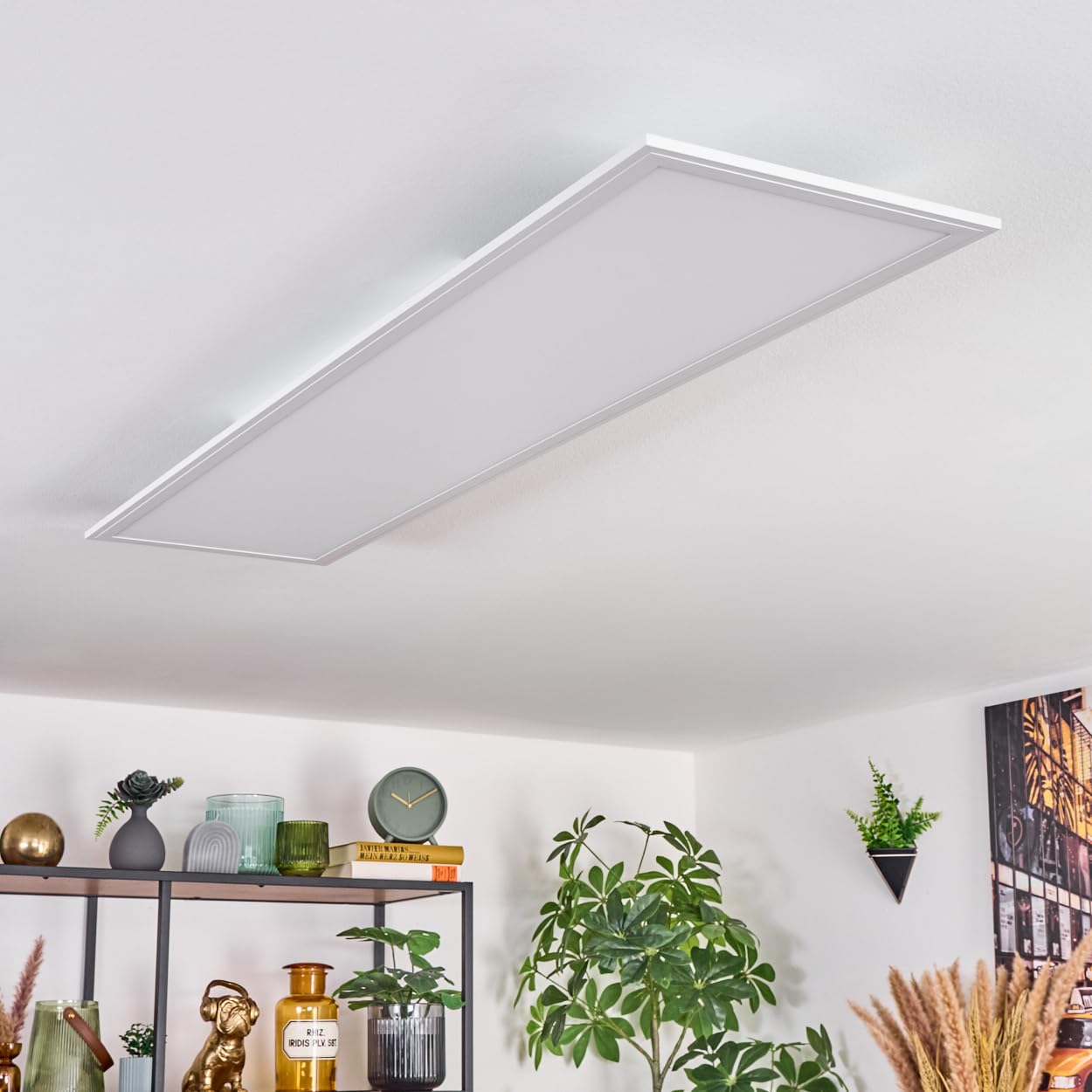 HOFSTEIN LED Deckenpanel Belan, dimmbare Deckenleuchte aus Metall/Holz/Kunststoff in Weiß/Natur, 37 Watt, 3900 Lumen, 2700-6500 K, CCT einstellbar, Smart Home/App, Wohnzimmer, Schlafzimmer, Küche