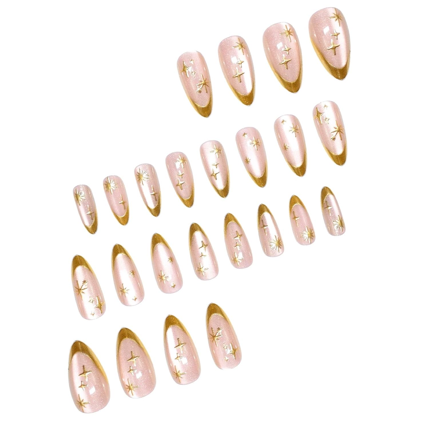 French Tip Press on Nails Almond Medium Fake Nails with Cat Eye Stars Designs Nails Press ons Gold Nude Glue on Nails Natural Artificial Nails Cute Stick on Nails for Women 24Pcs