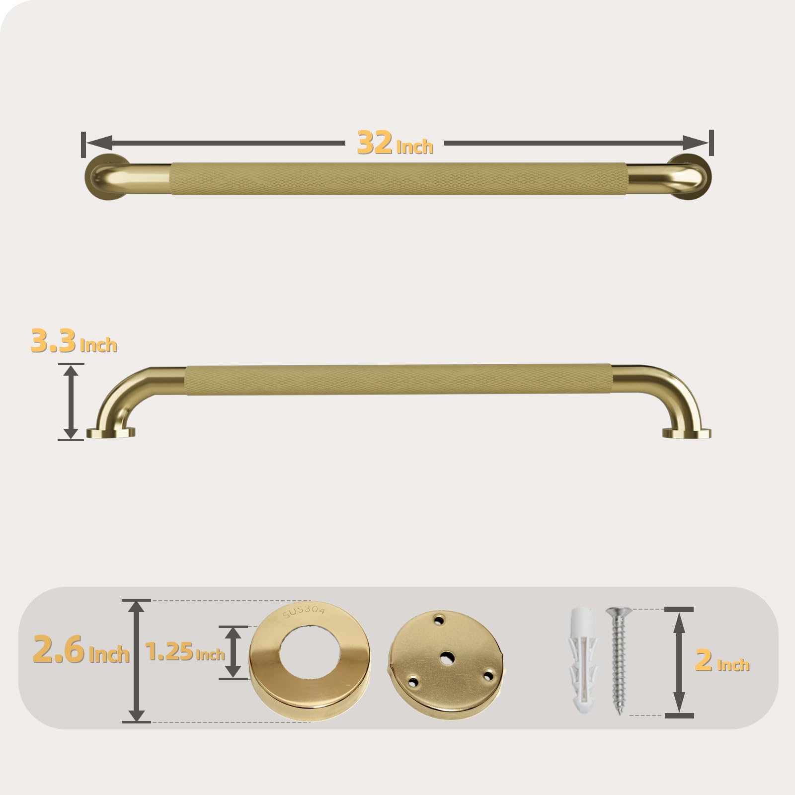 Confezione da 2 maniglie per doccia, color oro spazzolato, 81 cm, con impugnatura zigrinata antiscivolo, barra di equilibrio in acciaio inox, diametro 3,2 cm, barra di sicurezza per vasca da bagno