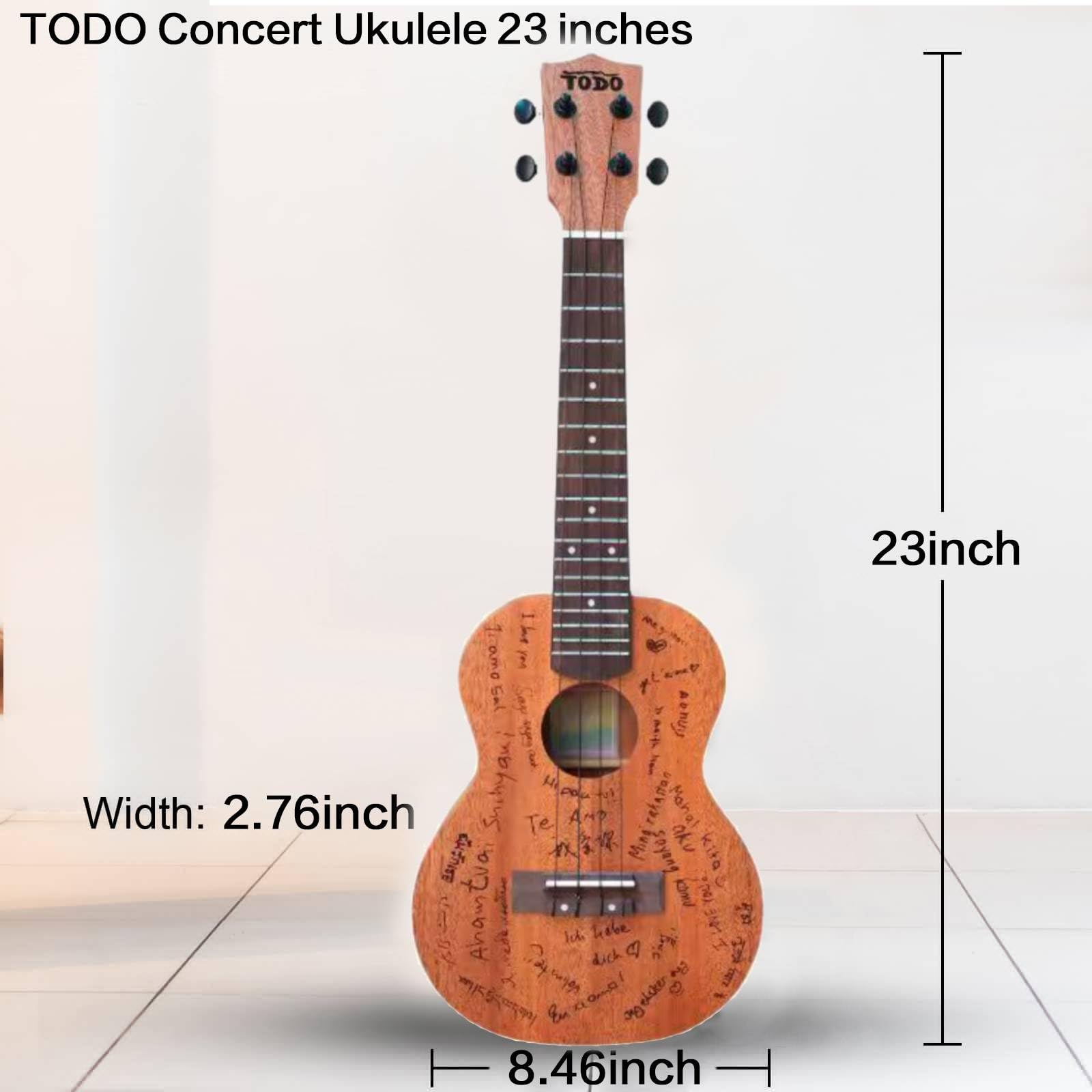 TODO Ukulele da concerto in mogano massiccio, 58 cm, The Love, ukulele per adulti e principianti, con corde in carbonio, borsa, tracolla