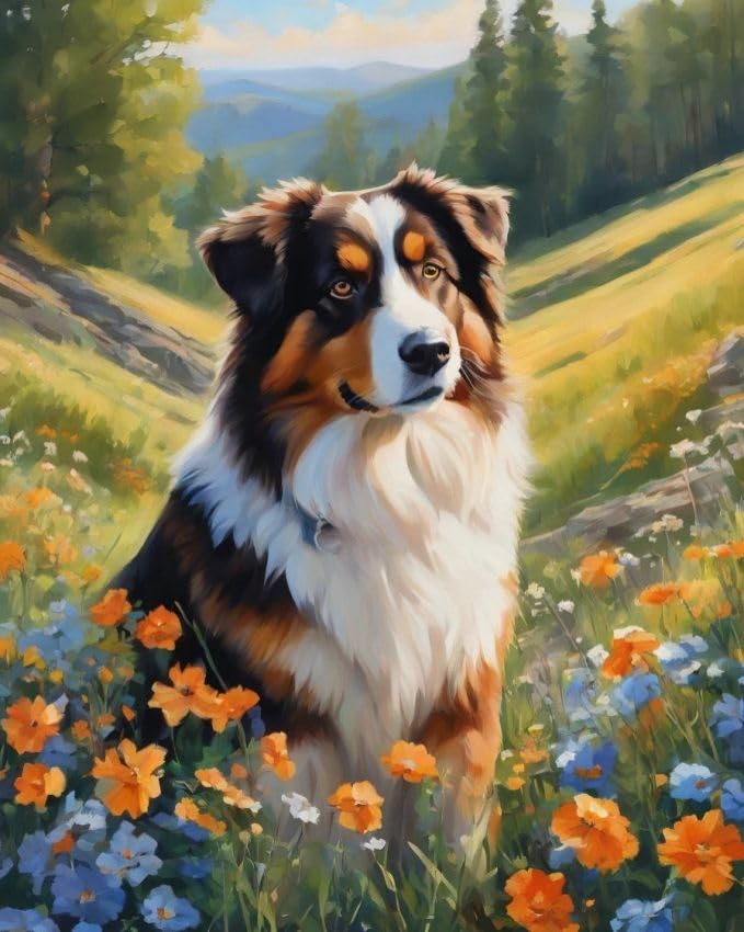 ZMHZMY Peinture Par Numéros Pour Adultes Kits Berger australien parmi les fleurs Classique RéTro Bureau HôTel Simplicité Toile Art DéCo,40x50cm