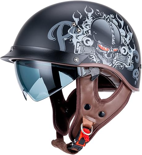 Miniatura 2 de Medio casco de motocicleta para hombres, mujeres y adultos, aprobado por puntos, casco vintage de media cara con visera transparente adicional y