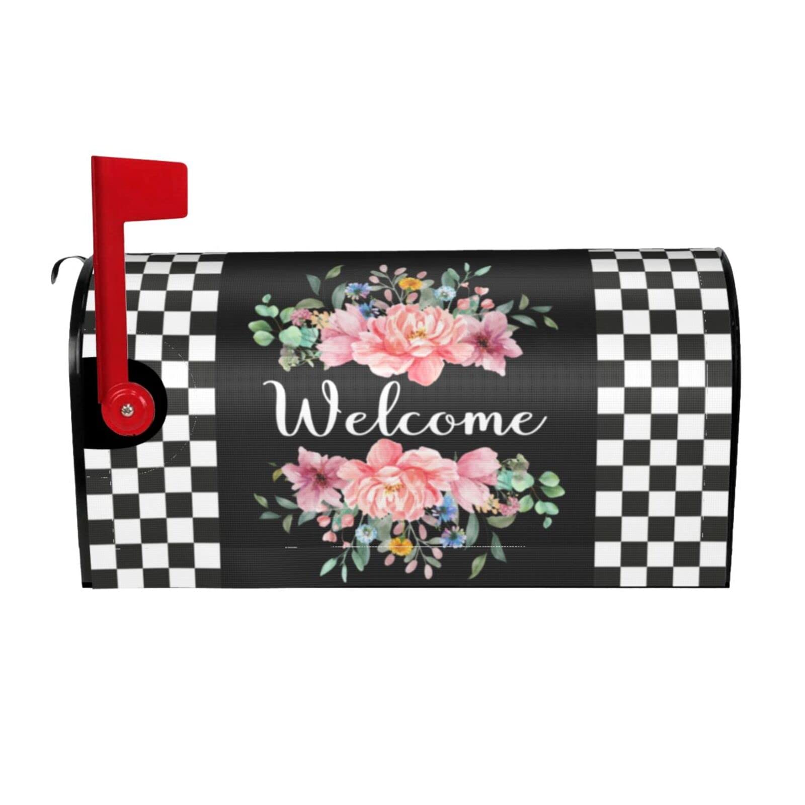 HOOSUNFlagrbfaWreath Black White Checkered Mailbox Cover Black White Checkered and Pink Flowers Mailbox Cover Magnetic Welcome Mail Box Cover Garden Outdoor Decor Standard Size 21 x 18 Inchs