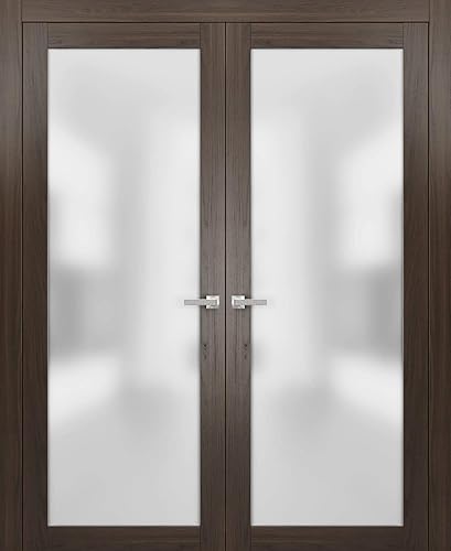 Miniatura 17 de SARTODOORS French Lite Puertas de vidrio esmerilado de 84 x 96 pulgadas Planum 2102 ceniza de chocolate Marcos de herrajes de níquel satinado