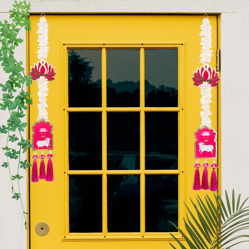 DECORVIBE Diwali Decoration Items- Side Hangings for Entrance Door, Artificial Flower Toran for Home Decoration with Pichwai Cow Hanging and Glass Finishing Lotus Hangings (Pink Side Hanging)
