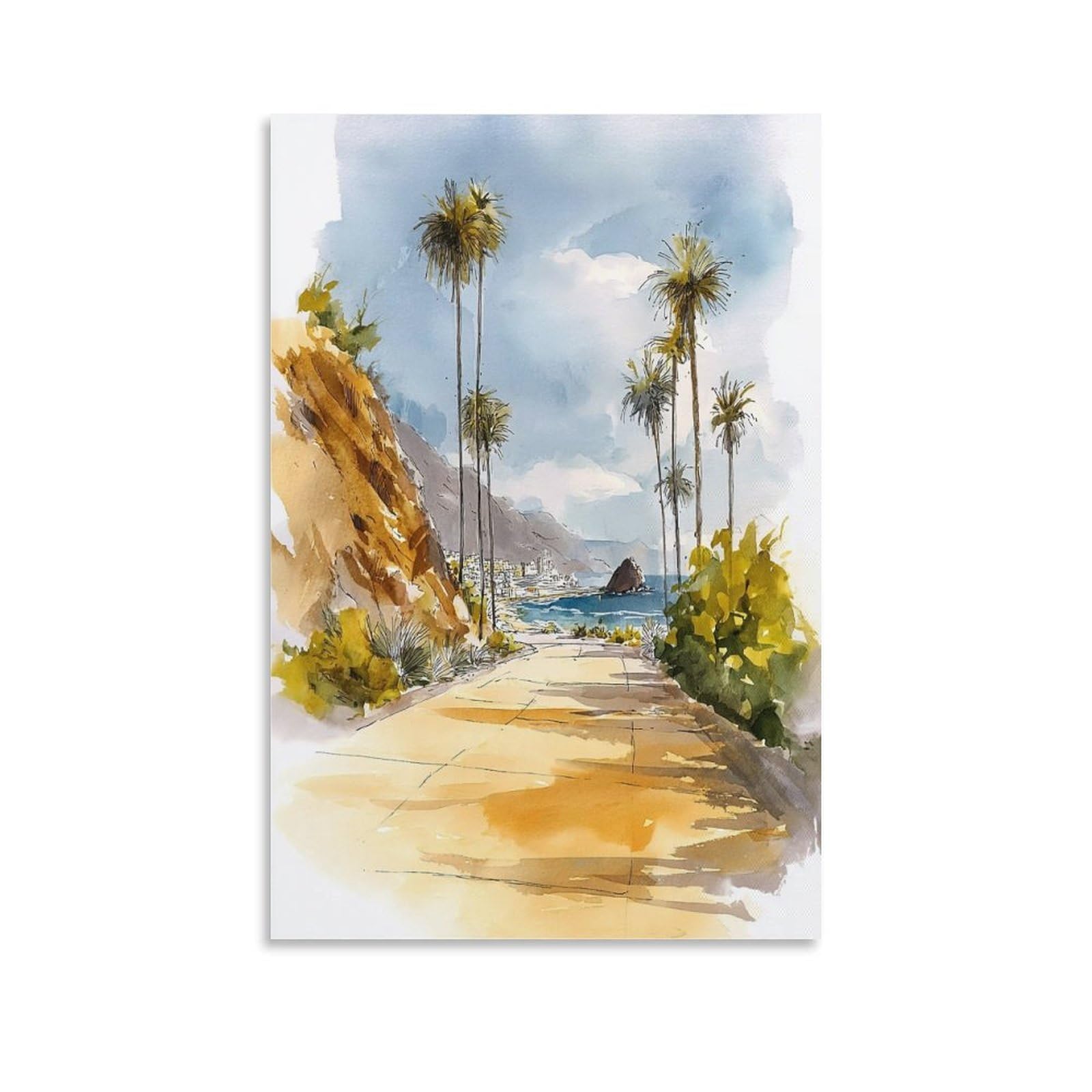 LCYNNH Huntington Beach Watercolor Print California Coastal Tree 12x18inch(30x45cm) Print Home Bedroom Office Living Room Decor Canvas