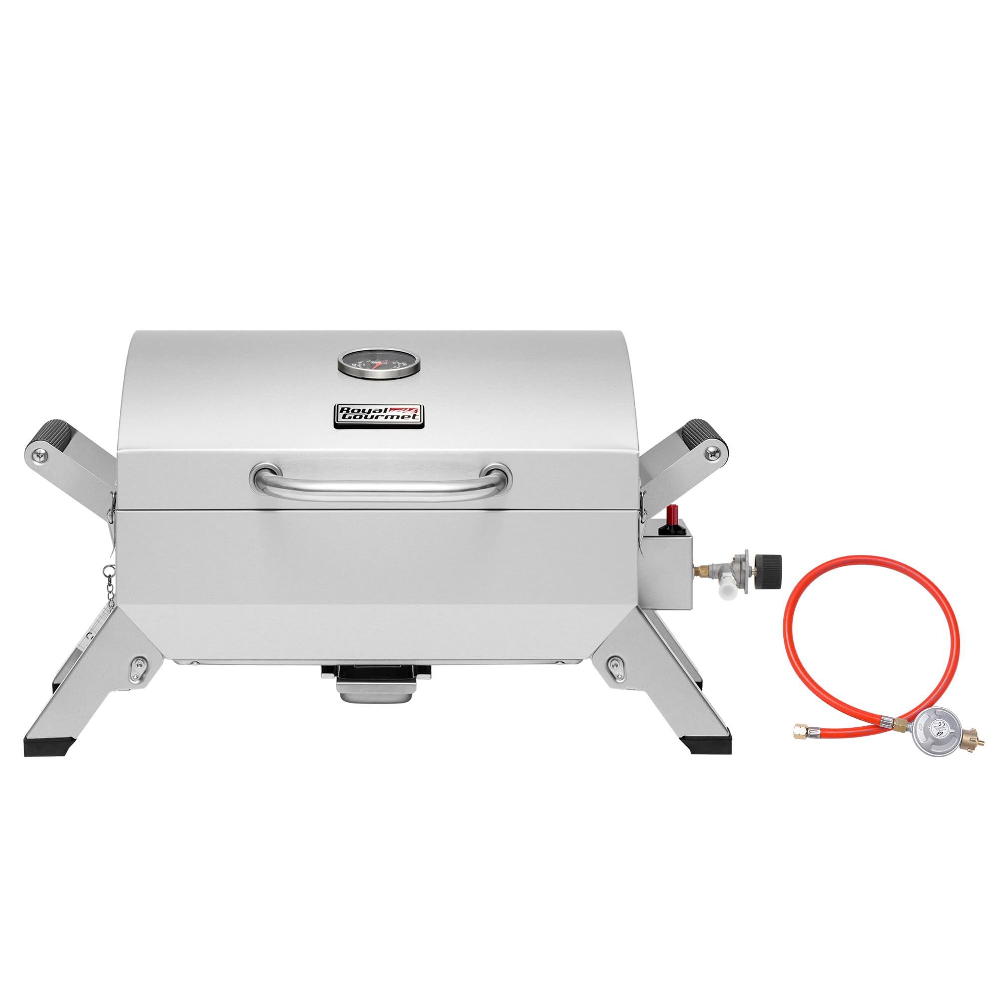 Royal Gourmet Edelstahl Tragbarer Gasgrill, Compact Tischgrill mit Zwei Griffen und Reiseschlössern, Klappbaren Beinen, 3 kW BBQ Campinggrill für Balkon, Picknick Silber
